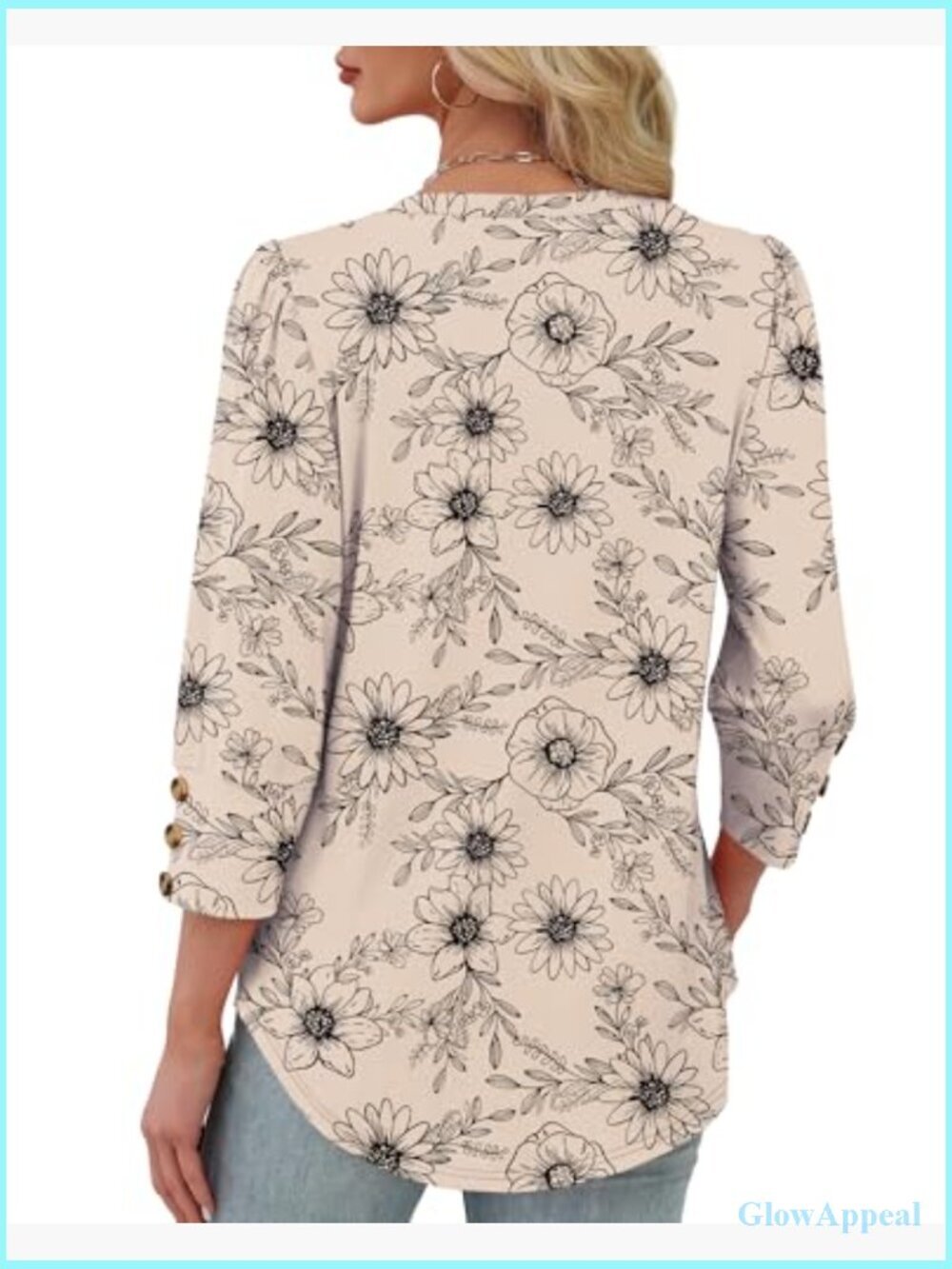 3/4 Sleeve V-Neck Blouse with Buttons - Dressy Casual Tunic Top - Picture 5 of 7